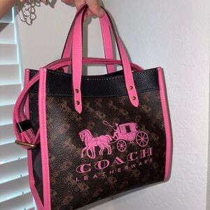 COACH Brown Signature Canvas Tote with Pink Trim and Logo